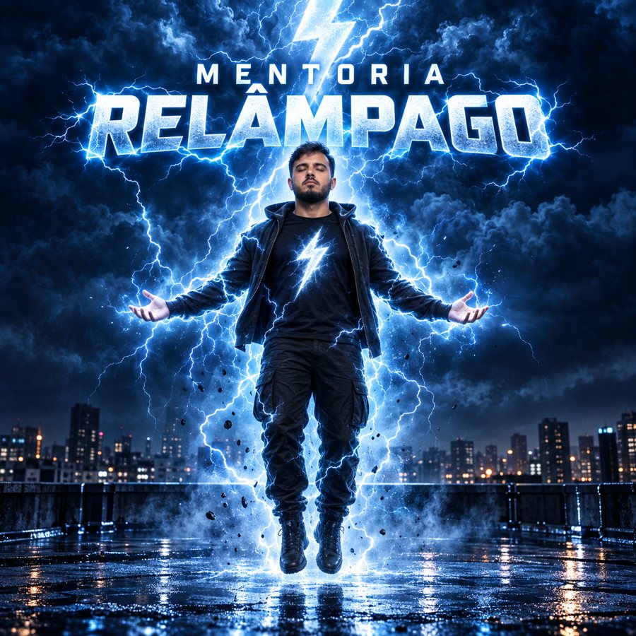 Mentoria Relâmpago: figura em pé sob uma tempestade elétrica, no topo de um prédio, com raios ao redor.